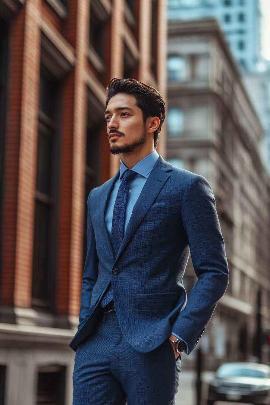 Men's classic style. softly tailored navy suit combining gradient blue hues.