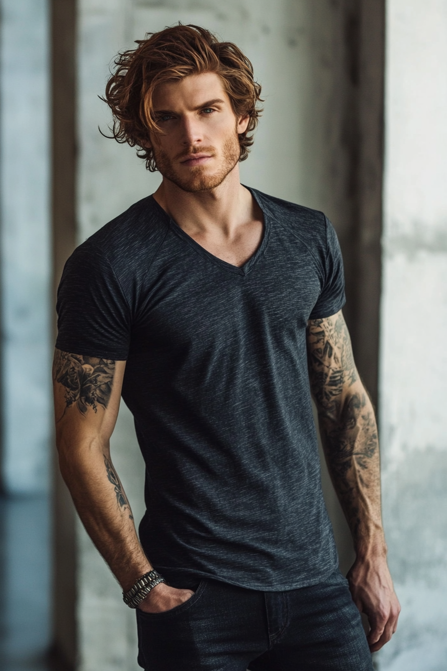 Men's contemporary style. Textured top with blended sides, dark denim jeans.