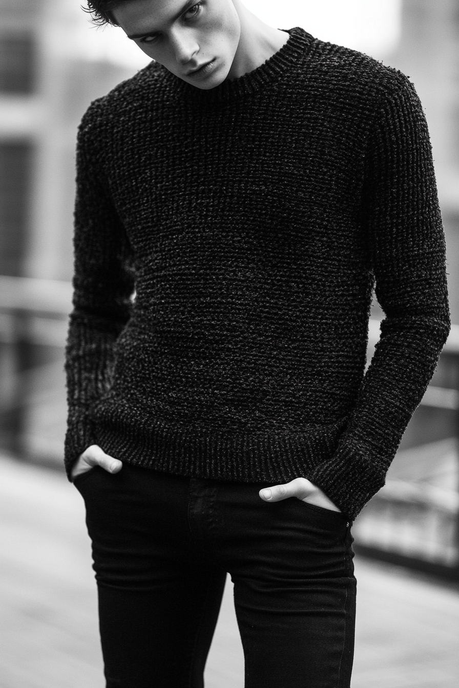 Men's Style. Textured top, blended sides, black skinny jeans.