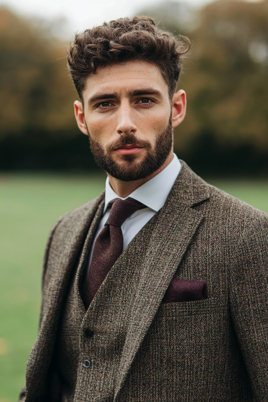 Men's classic style. Tweed suit with gradient tie.