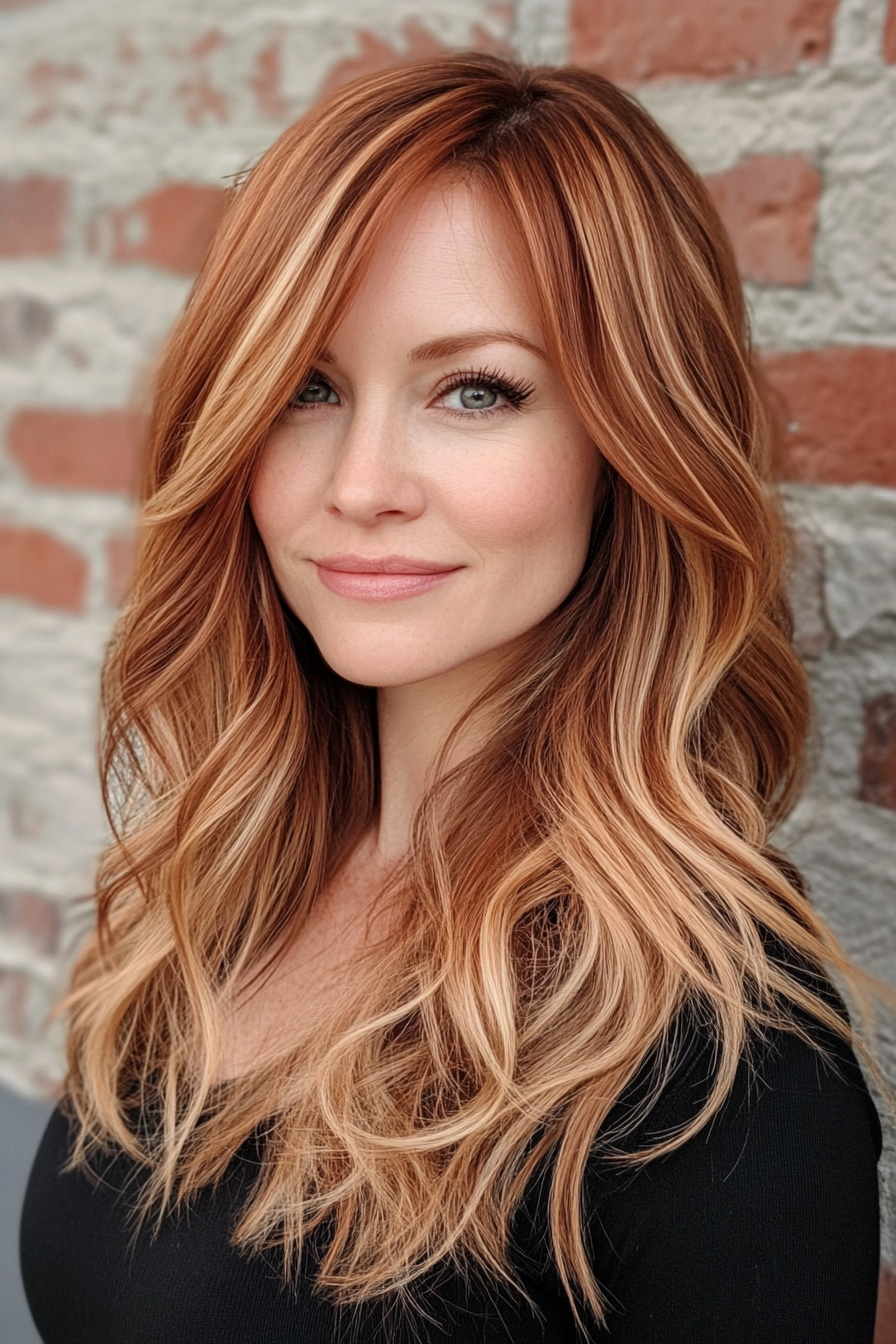 Women's Hair Color. Auburn with honey blonde highlights