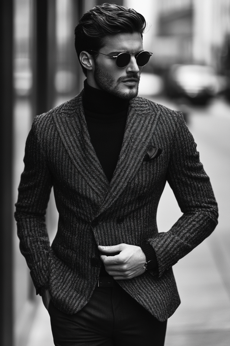 Edgy men's style. Striped turtleneck with tailored double-breasted blazer.