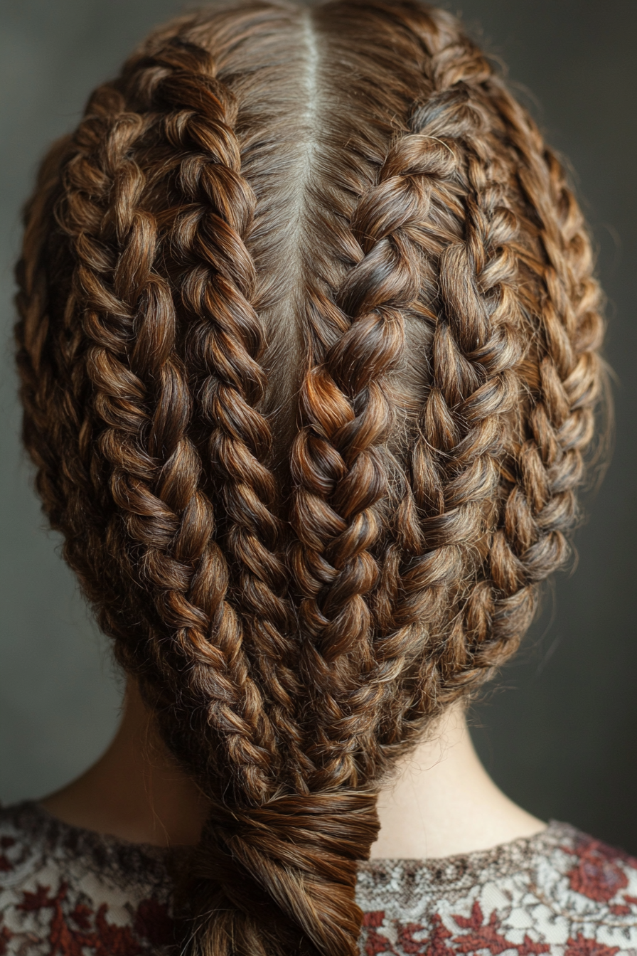 Women's Braided Style. Dutch lace braid with patterned scalp oil application.