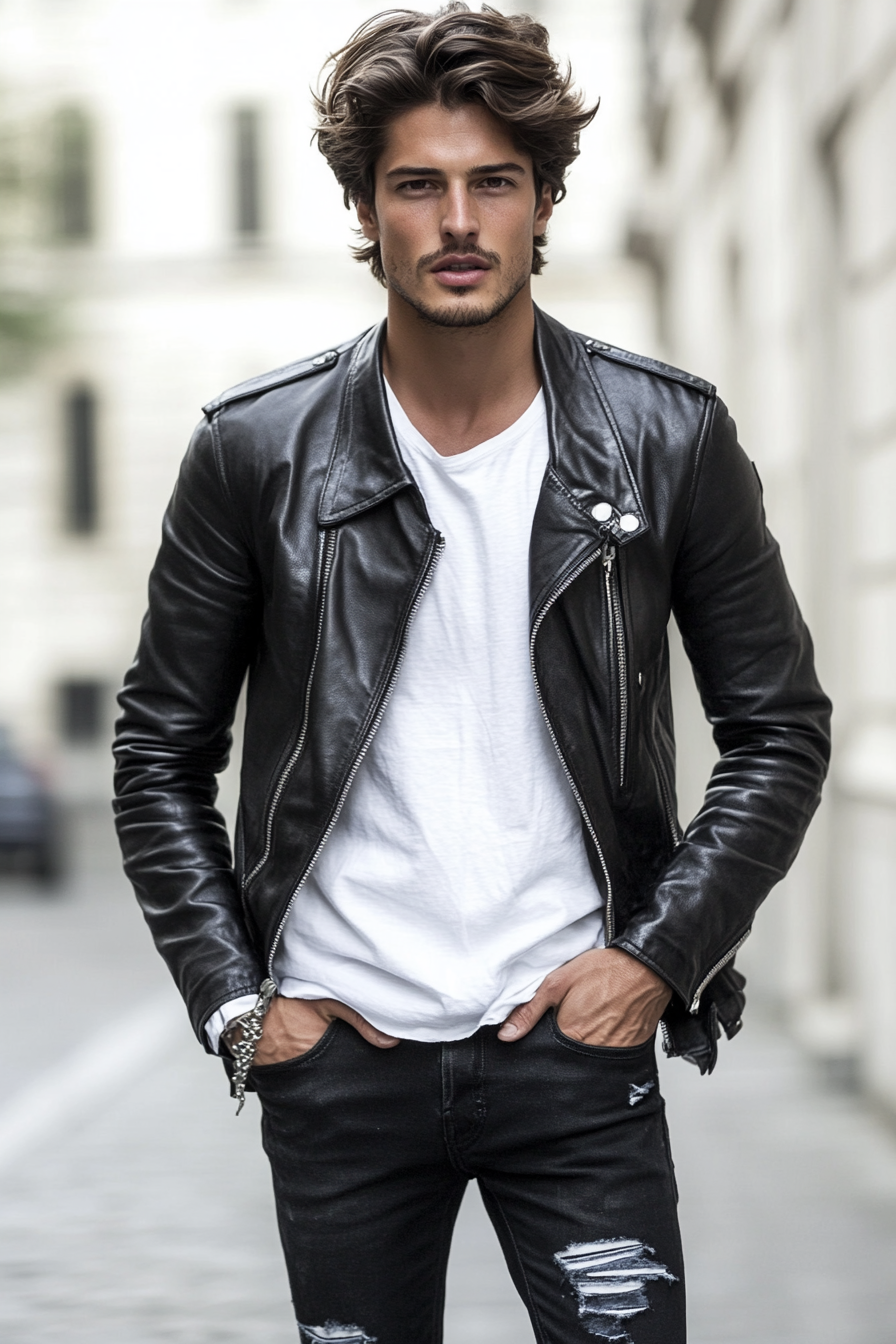 Edgy men's outfit. Leather jacket with high-contrast white shirt and distressed black jeans.