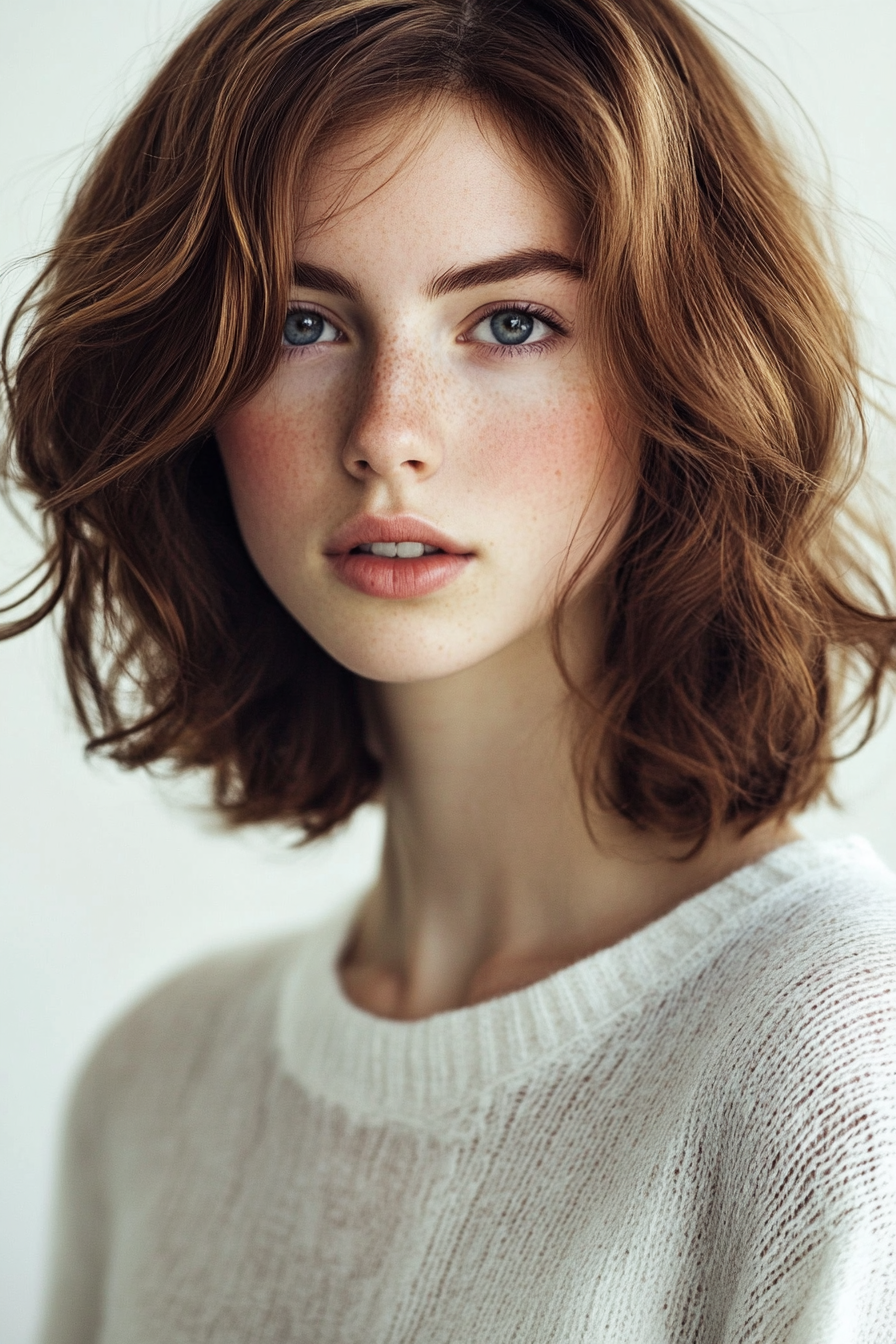 Women's soft style. Long-layered bob with loose waves.