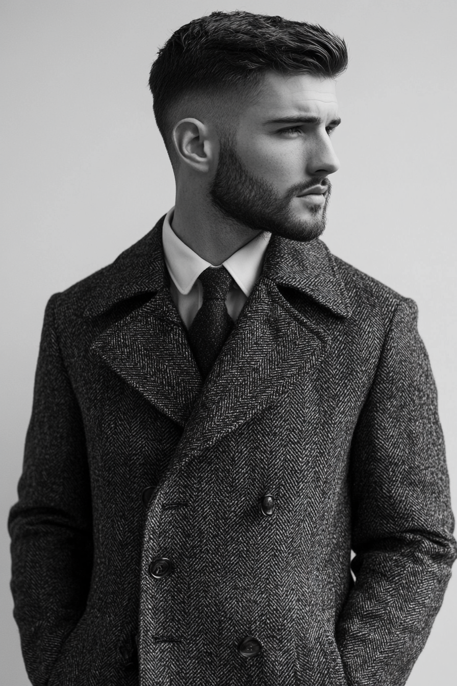 Men's classic style. Herringbone coat with a sharp fade haircut.