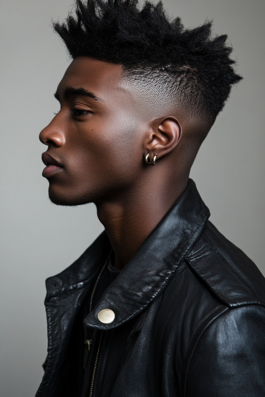 Men's edgy style. High-top fade with shaved sides.