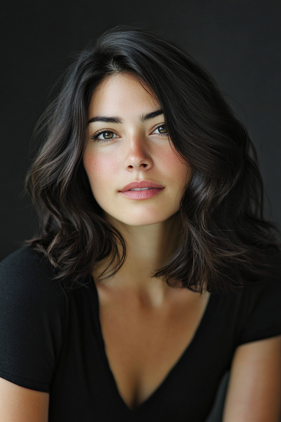 Women's soft style. Shoulder-length layered cut with loose curls.