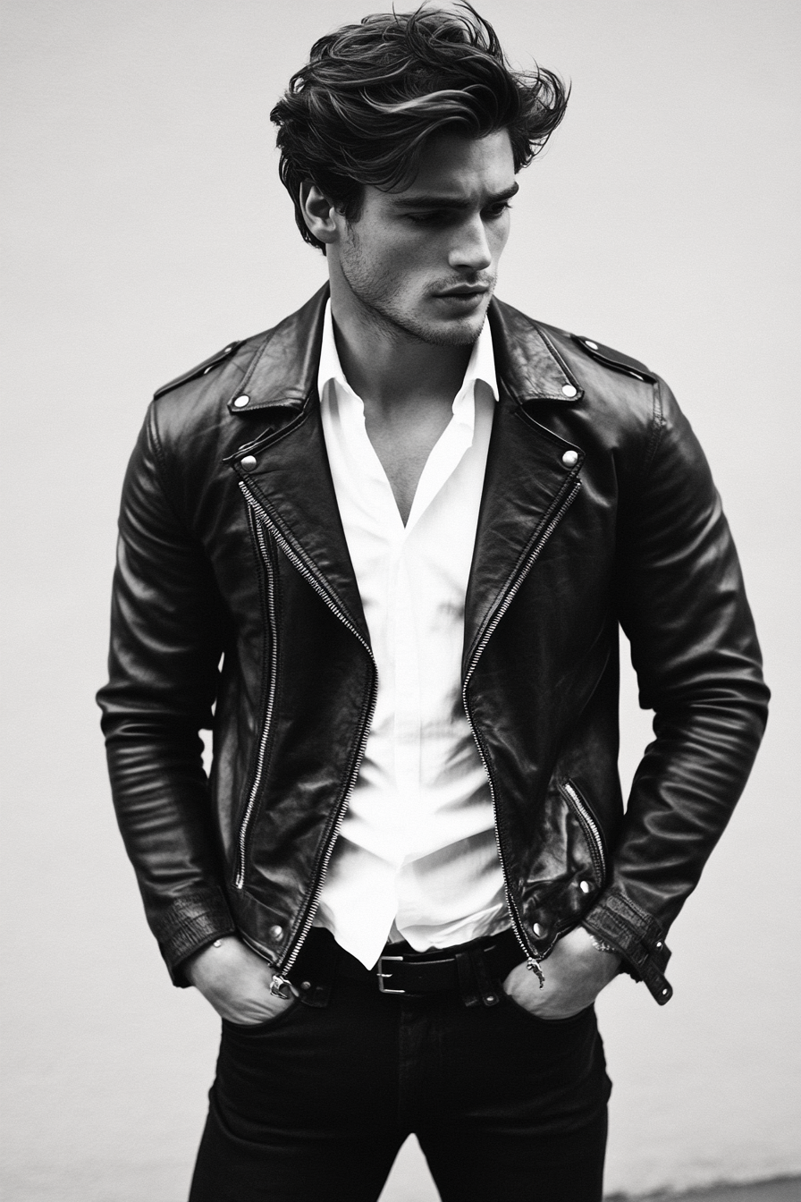 Edgy men's outfit. Black leather jacket paired with crisp white shirt.