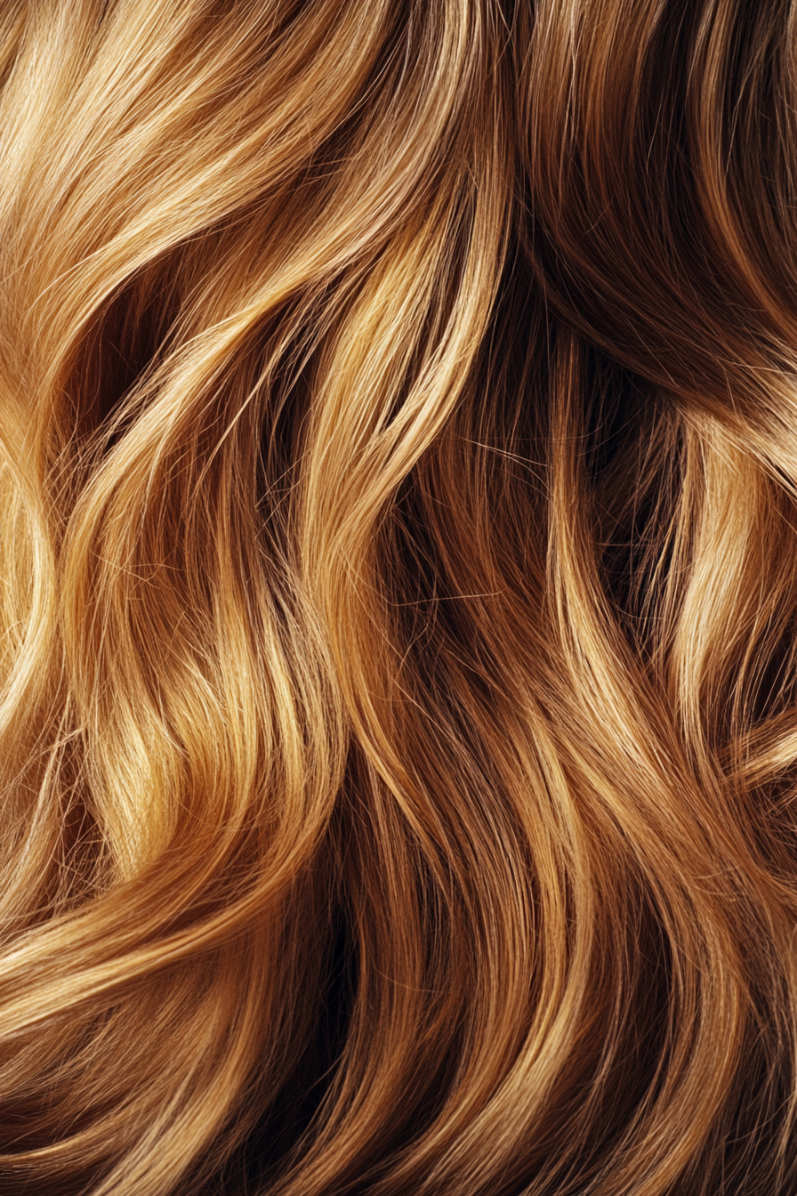 Women's hair color. Golden brown with honey highlights.