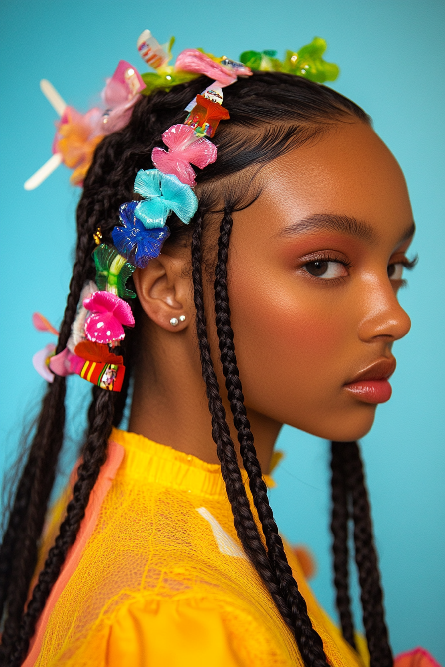 Retro style for women. Baby braids adorned with colorful barrettes and soft face-framing pieces.