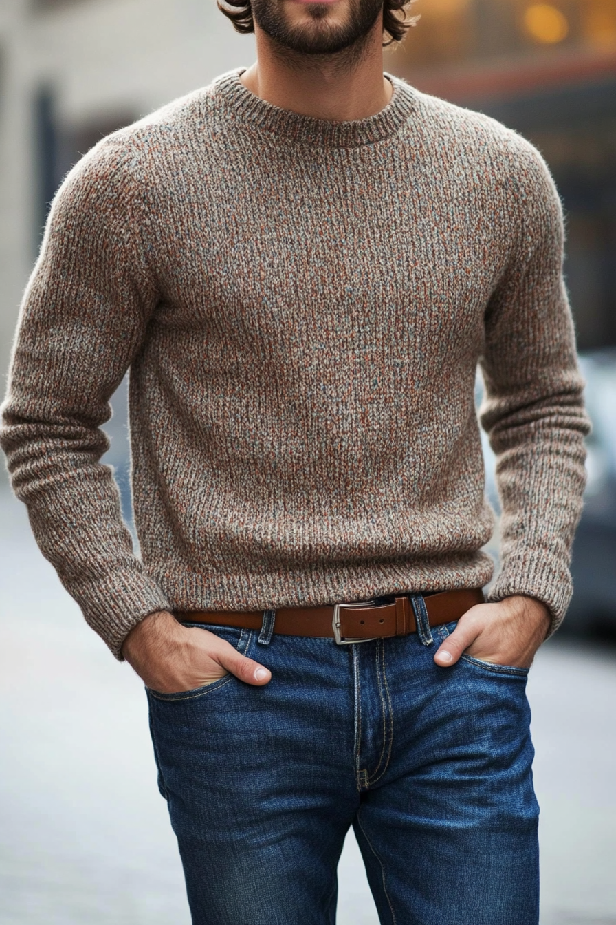 Men's seasonal style. Textured sweater with clean-cut jeans.