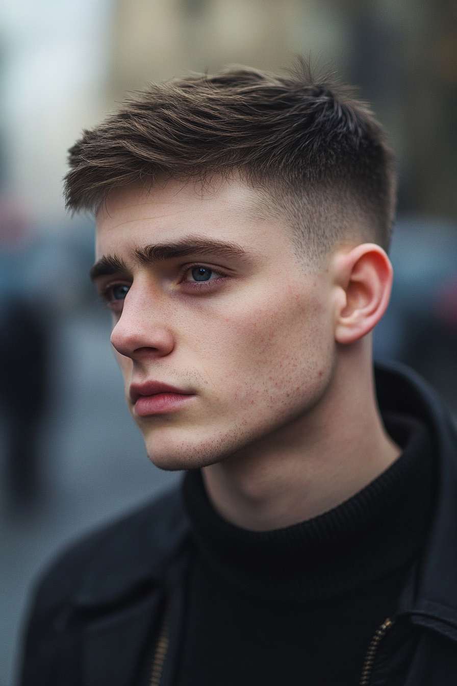 Men's short style. tight fade haircut with sharp side part.