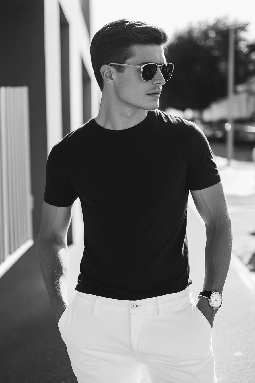 Men's short style collection. Black gradient t-shirt, white straight cut chinos.