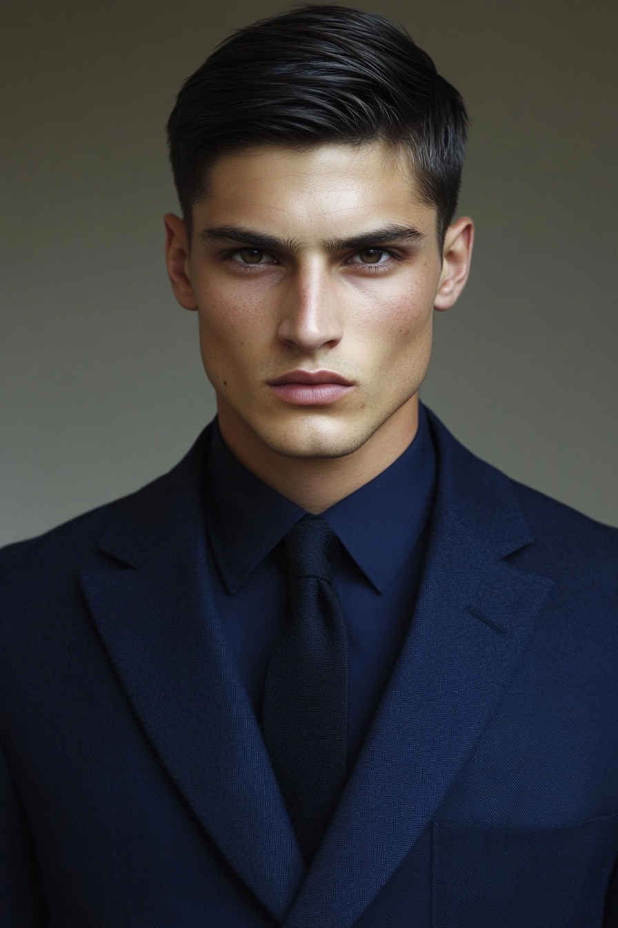 Men's style. Navy blazer with skinny black tie and precise fade haircut.