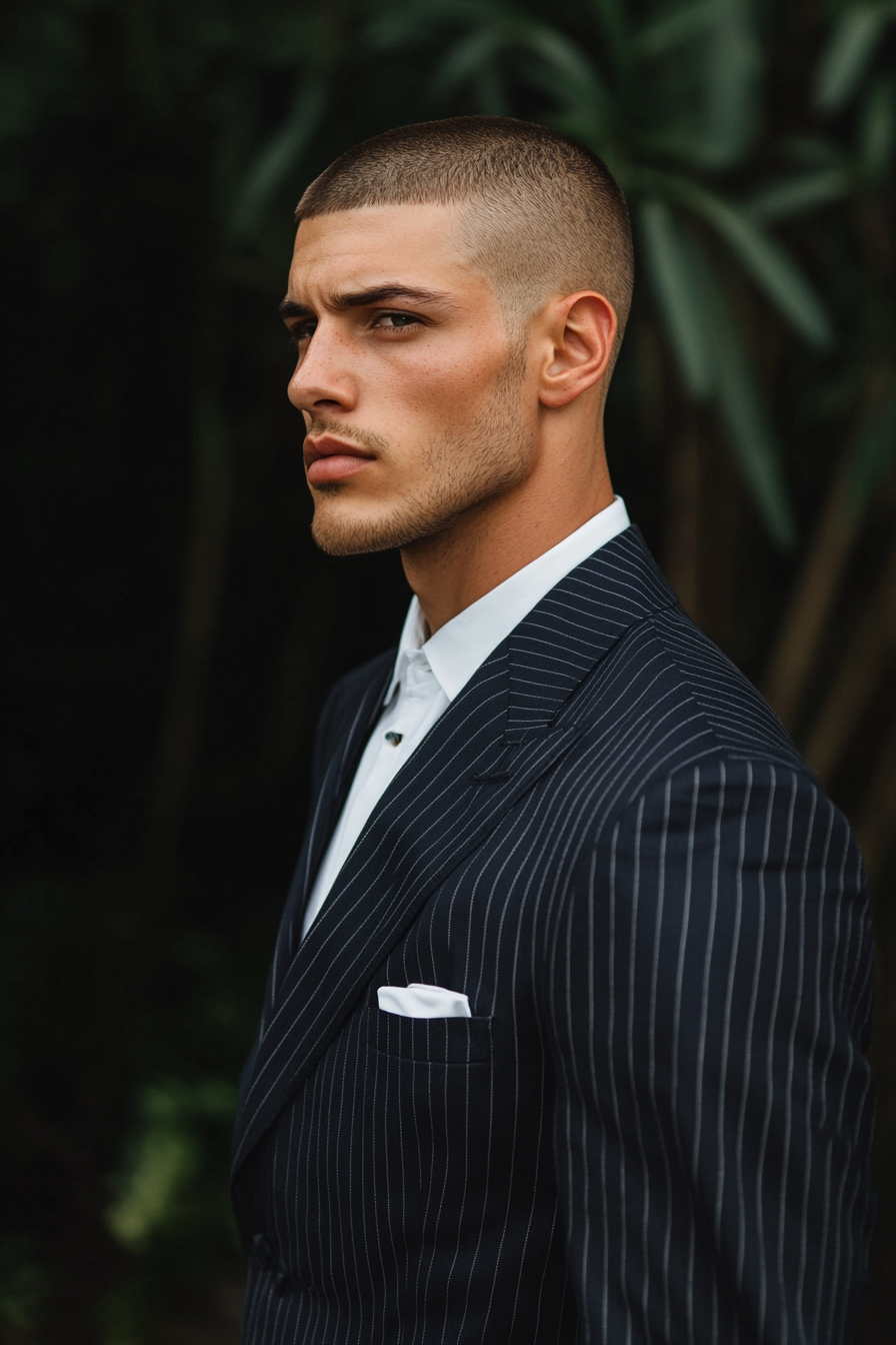 Men's statement style. Tall, navy pinstripe suit with low fade haircut.