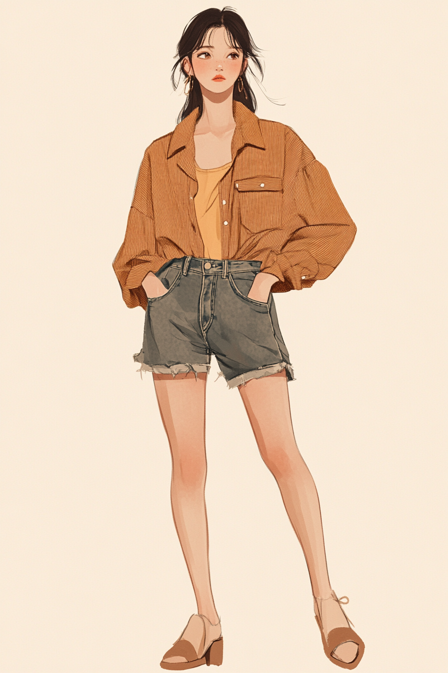 Natural style women's outfit. blending technique incorporated corduroy shirt with cut-brim jean shorts.