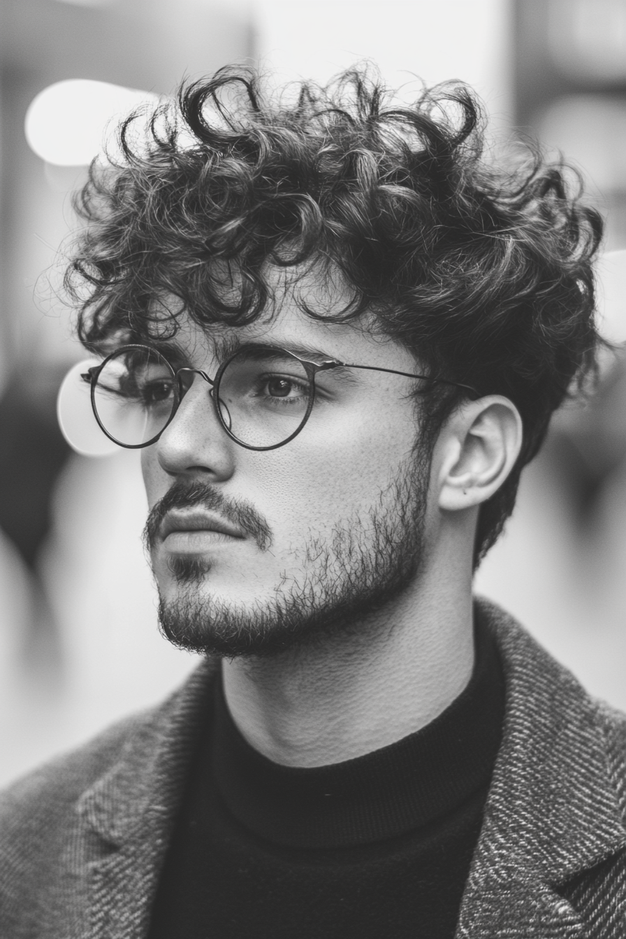 Men's hairstyle. Defined curls retained in top fade.