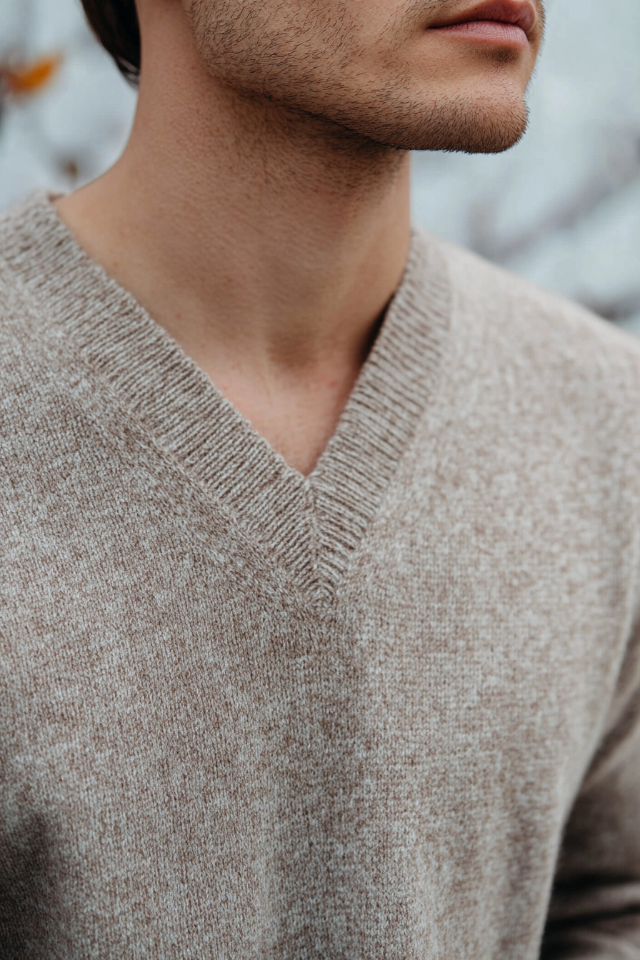 Men's seasonal style. Folded fuss-free V-neck woolen sweater with clean sides.