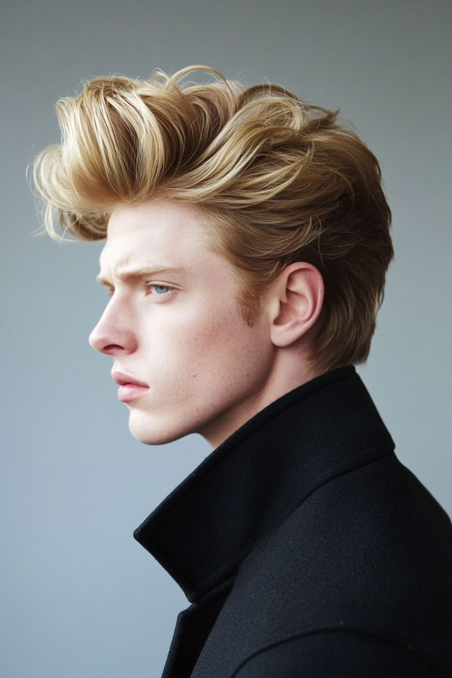 Men's volume hairstyle. Pompadour with wax product.