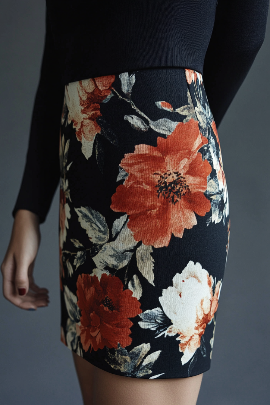 Classic women's style. Black pencil skirt with bold floral print.