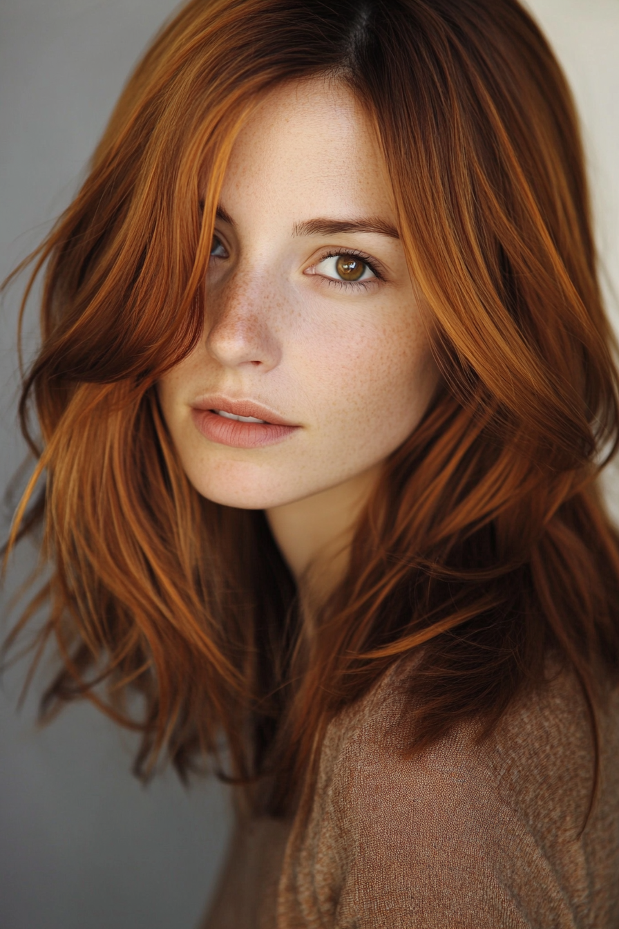 Women's Hair Color. Copper brown with caramel highlights.