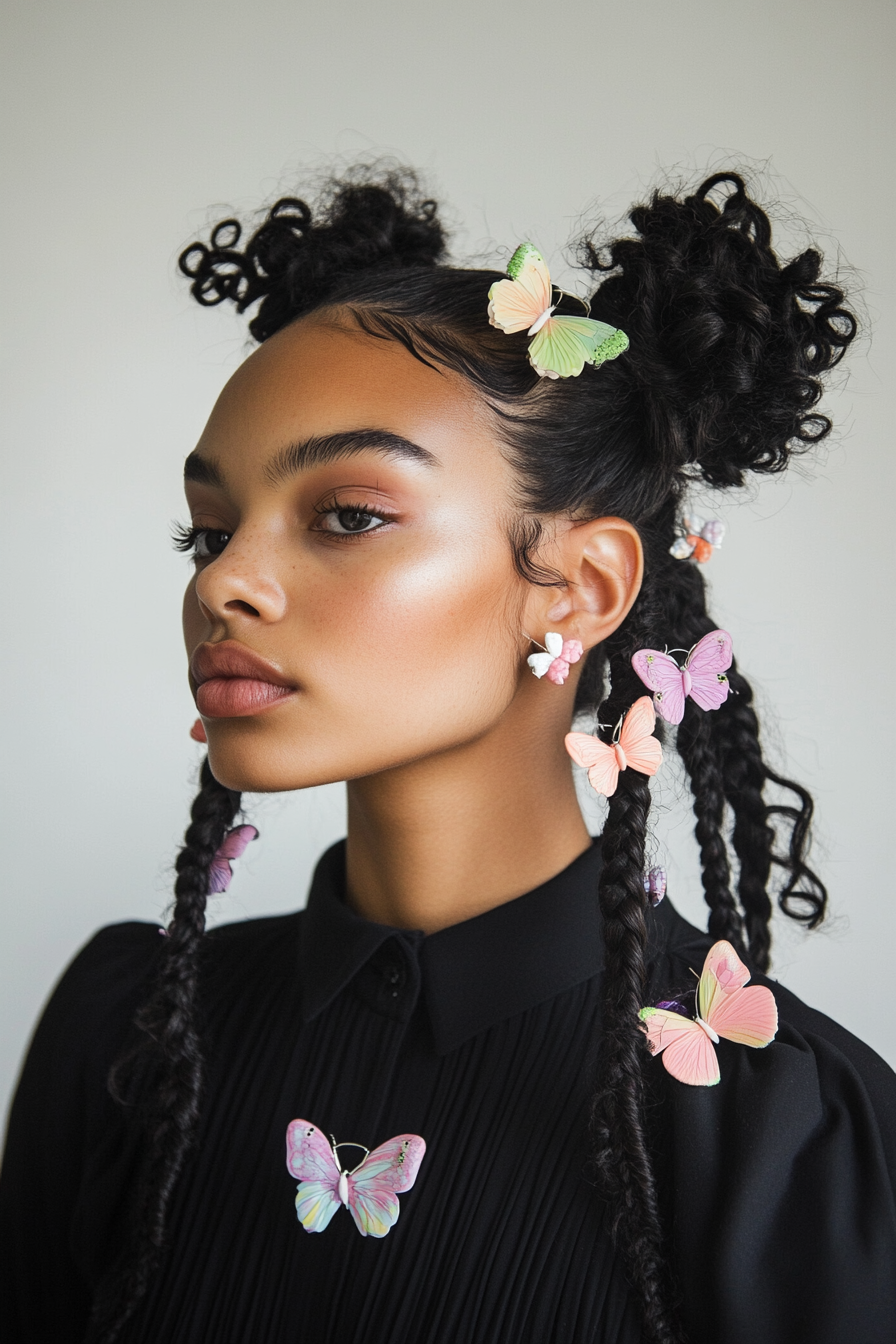 Retro style for women. Bold baby braids adorned with pastel butterfly clips.