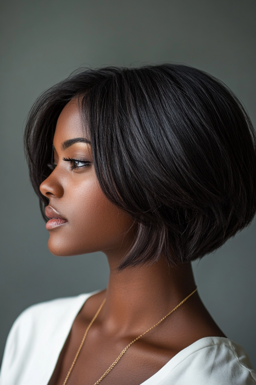 Woman's natural style. Bob cut with blended layers.