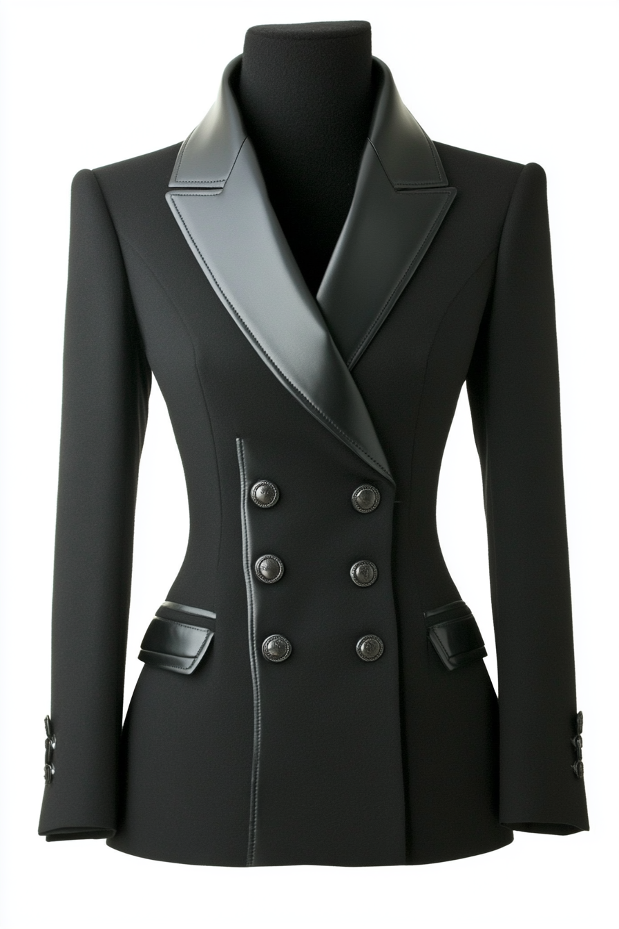 Classic women's style with a modern twist. Double-breasted wool blazer with leather trim.