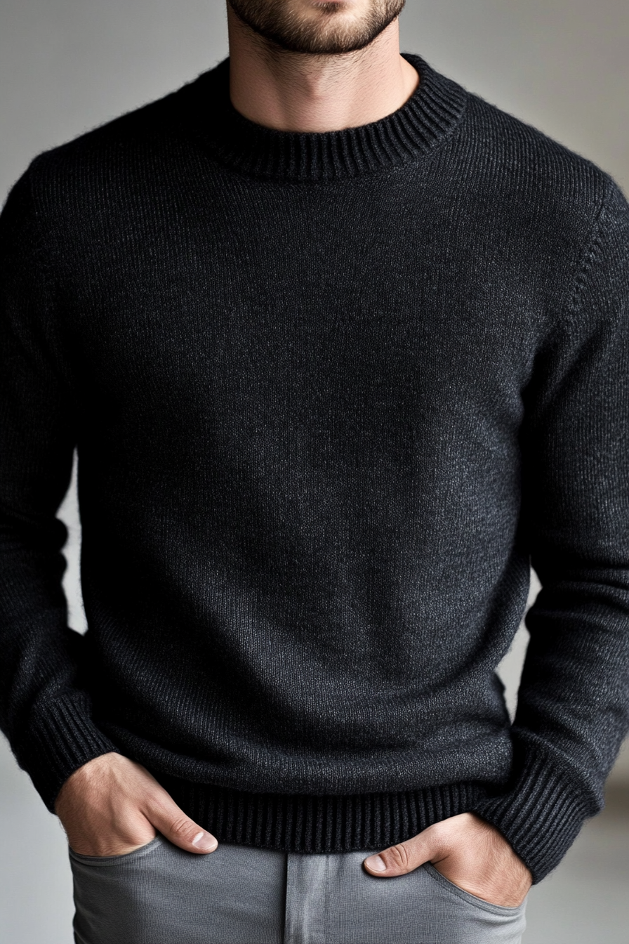 Men's modern style. Layered cashmere sweater with a trimmed undercut.