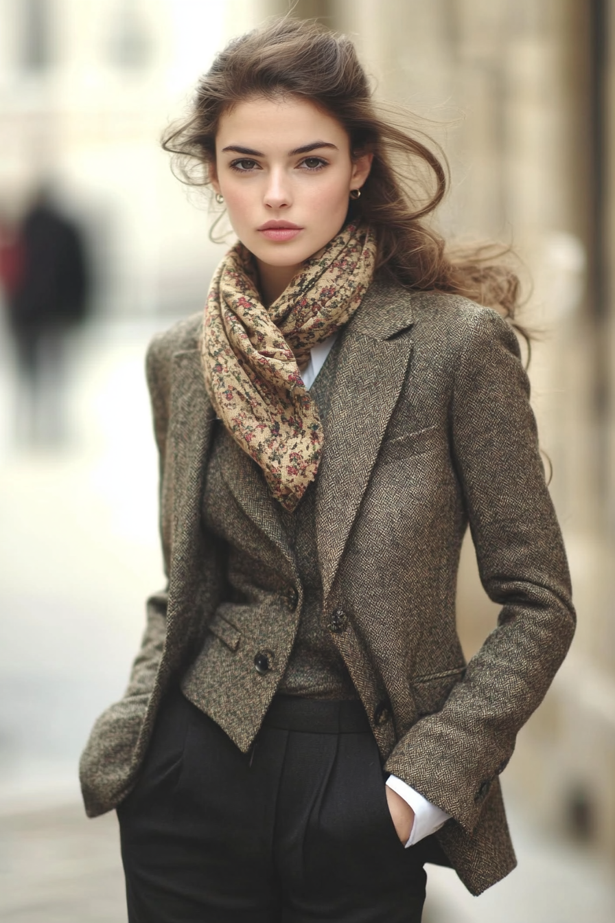 Classic women's style. Tweed blazer with silk scarf.