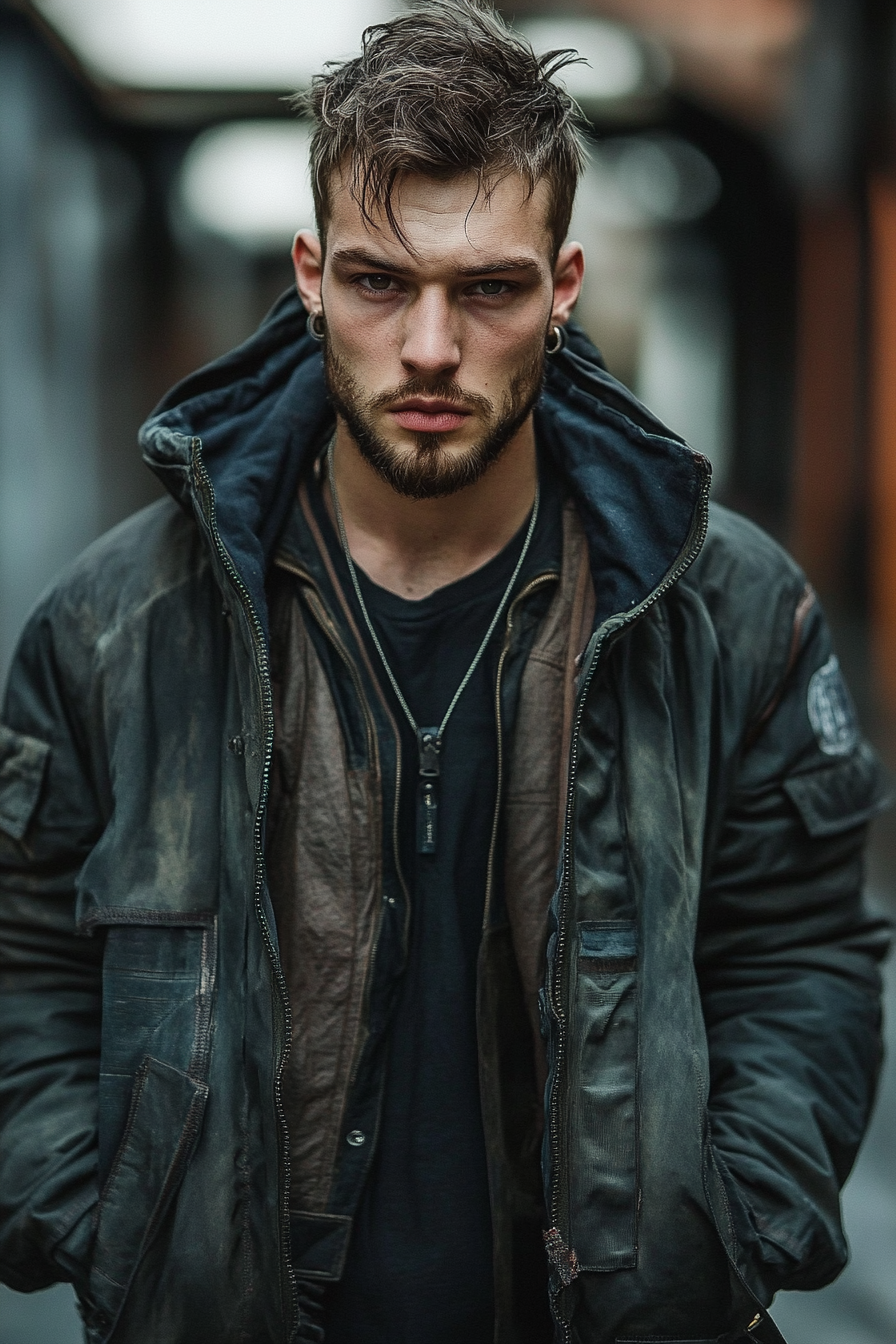 Men's modern style. Layered bomber jacket with disconnected undercuts.