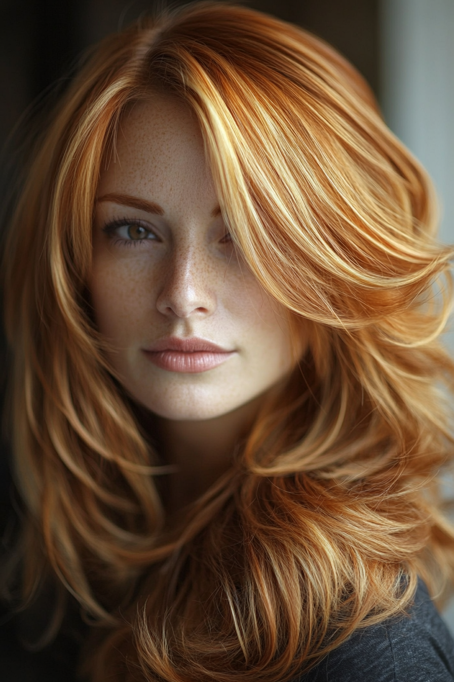 Women's hair color. Auburn hair with honey-toned highlights.