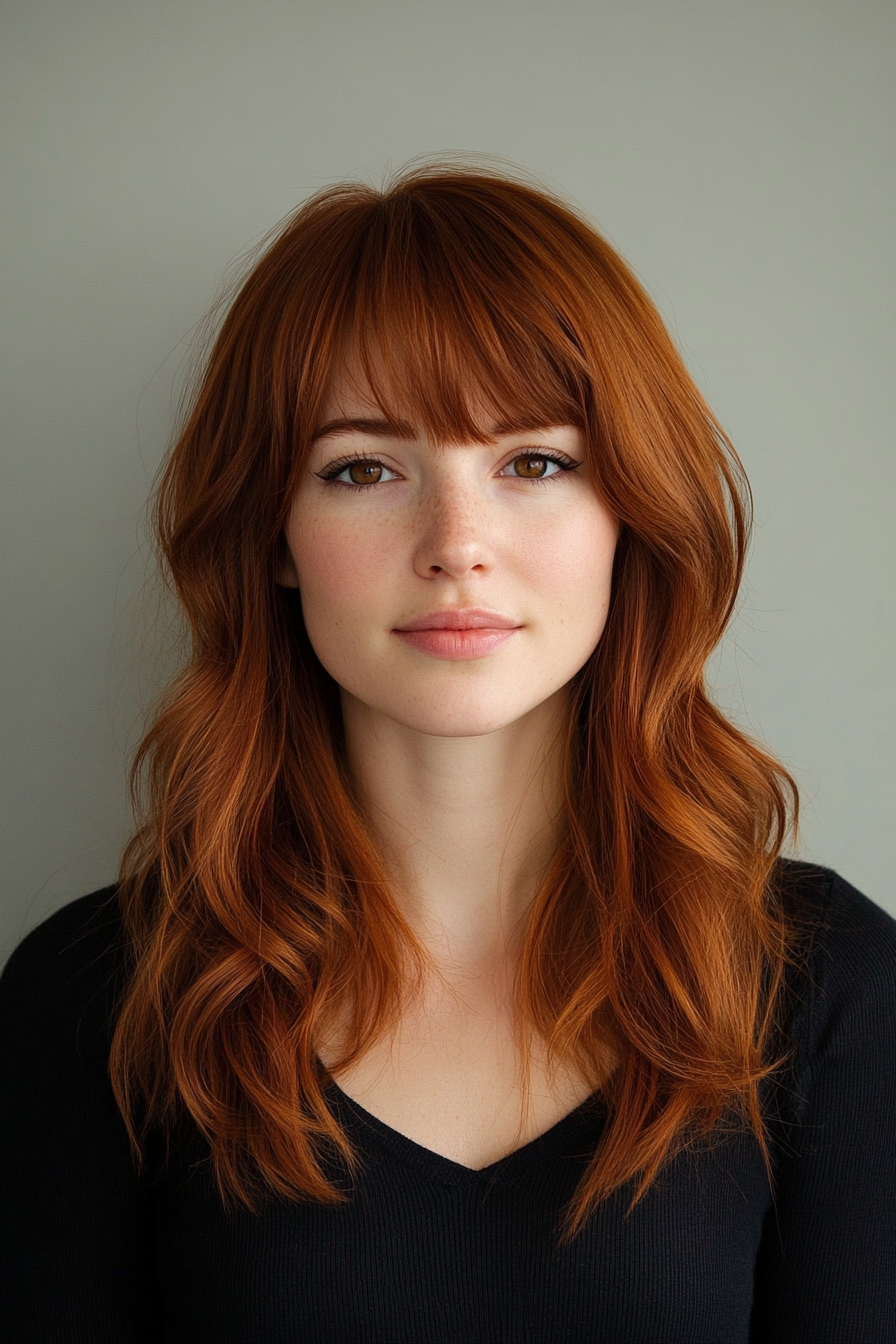 Modern style women's haircut. Chestnut brown, choppy layers with light curtain bangs.