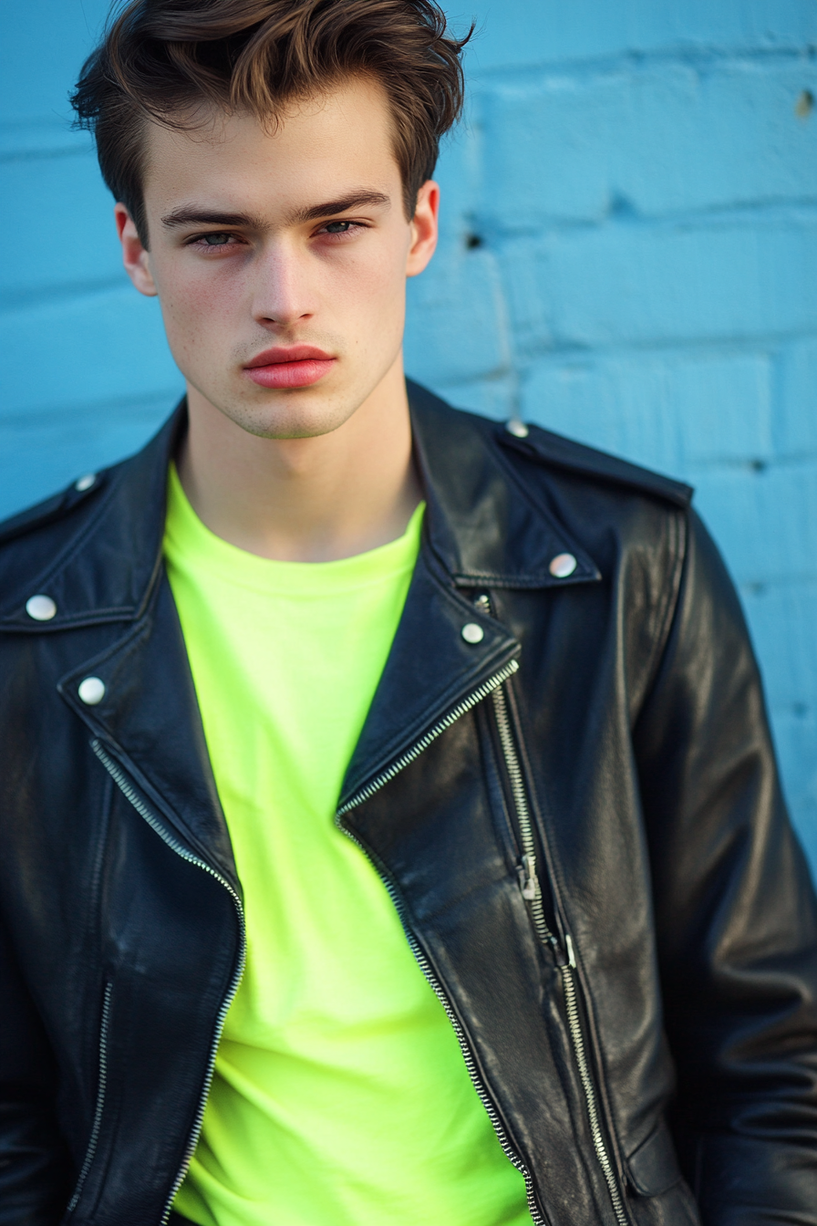 Men's edgy style. Black leather jacket, neon-colored undershirt.