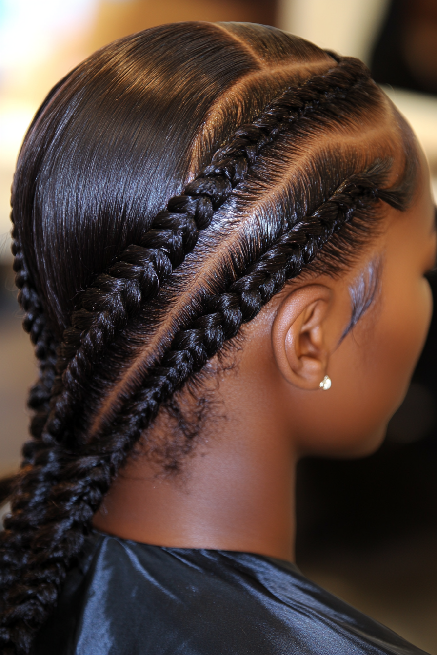 Women's protective hairstyle. Cornrows with interlocking diamond pattern, and satin pillowcase for maintenance.