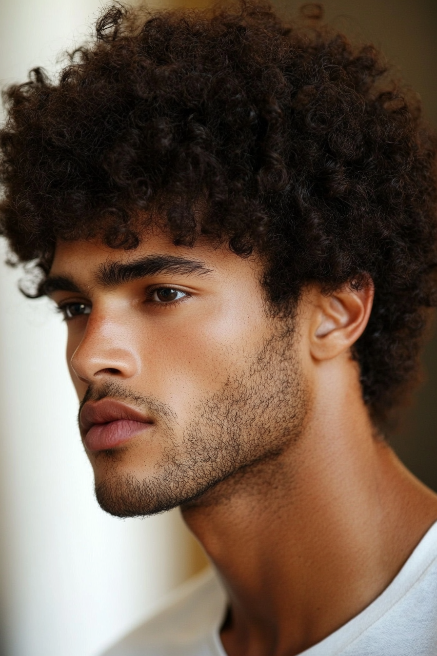 Curly hairstyle for men. Short afro maintenance with coconut oil and curl-enhancing cream.