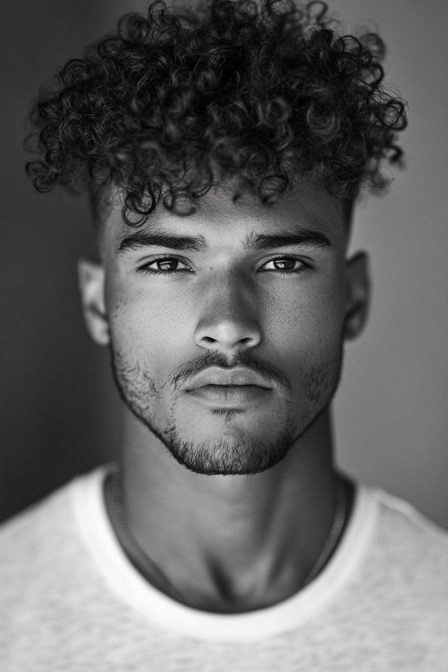 Men's hairstyle. Curly top with skin fade.