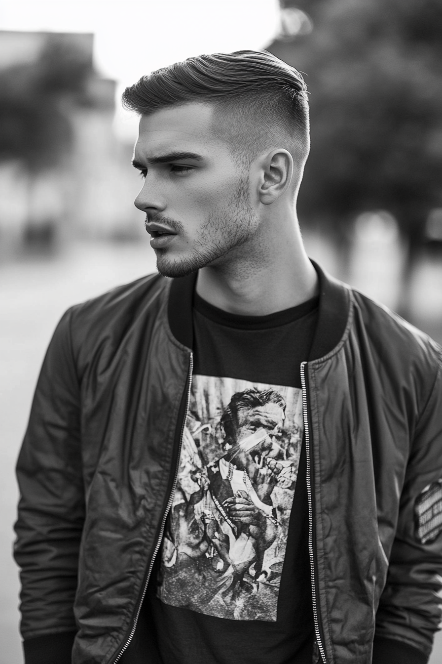 Men's modern style. Gillet jacket over a graphic print T-shirt, undercut haircut.