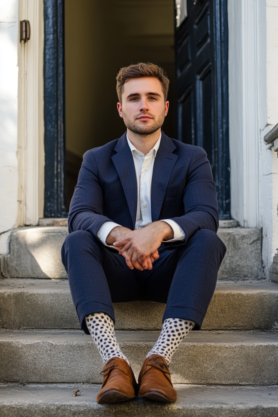 Men's classic style. Navy-blue blazer, custom-tailored, subtly-patterned socks, precise fade haircut.