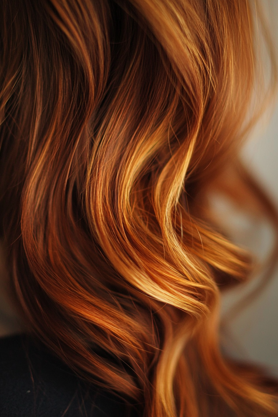 Women's hair color. Deep auburn with caramel highlights.