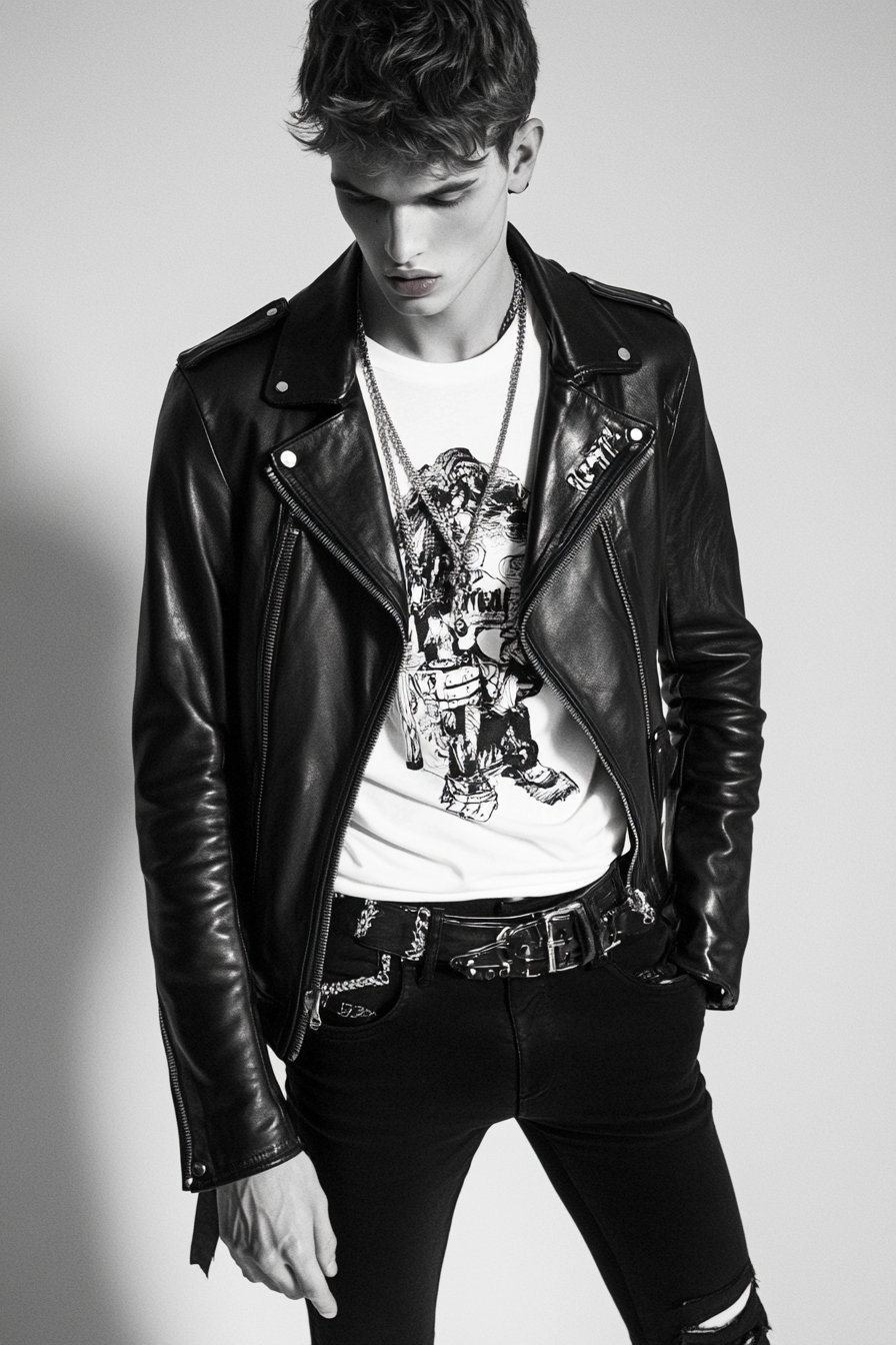 Men's edgy style. Black leather jacket with white graphic tee.