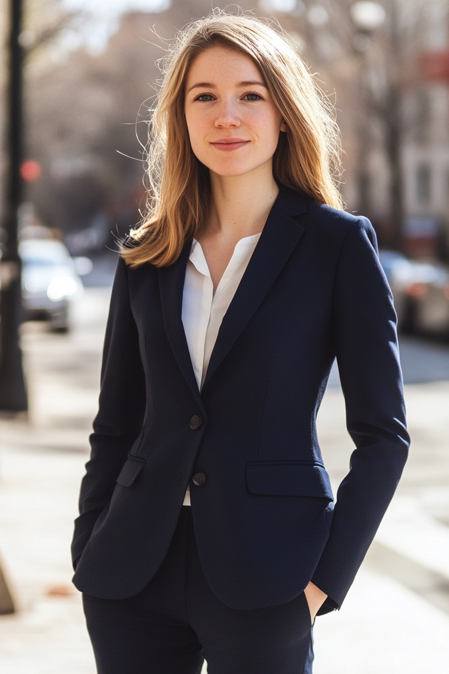 Women's classic style. Tailored navy blazer with exact-fit movement linings.