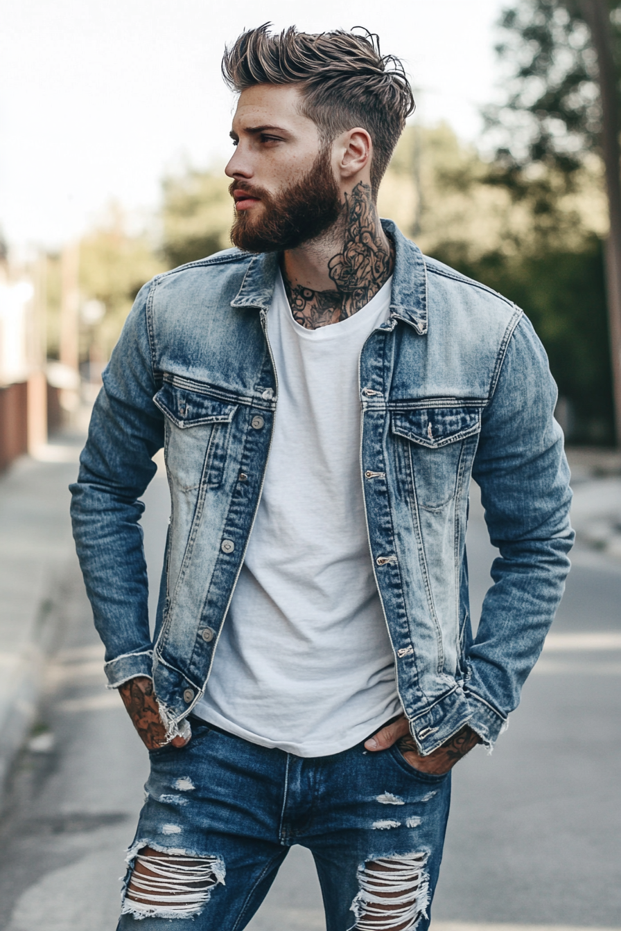 Men's modern style. Layered denim jacket over white t-shirt, ripped jeans, disconnected undercut.