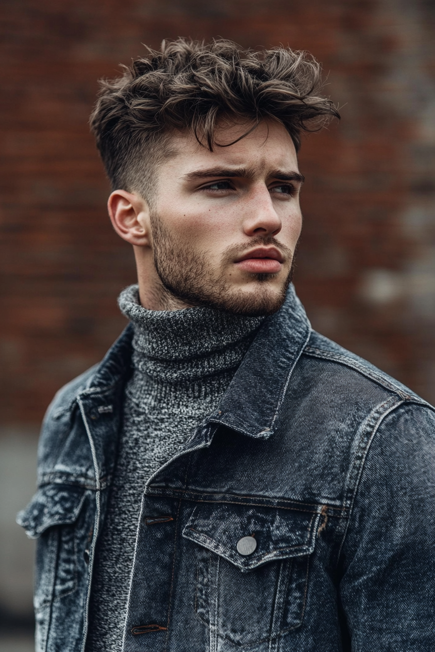 Men's modern style. Distressed denim jacket with a structured grey turtleneck, shaved hairstyles.