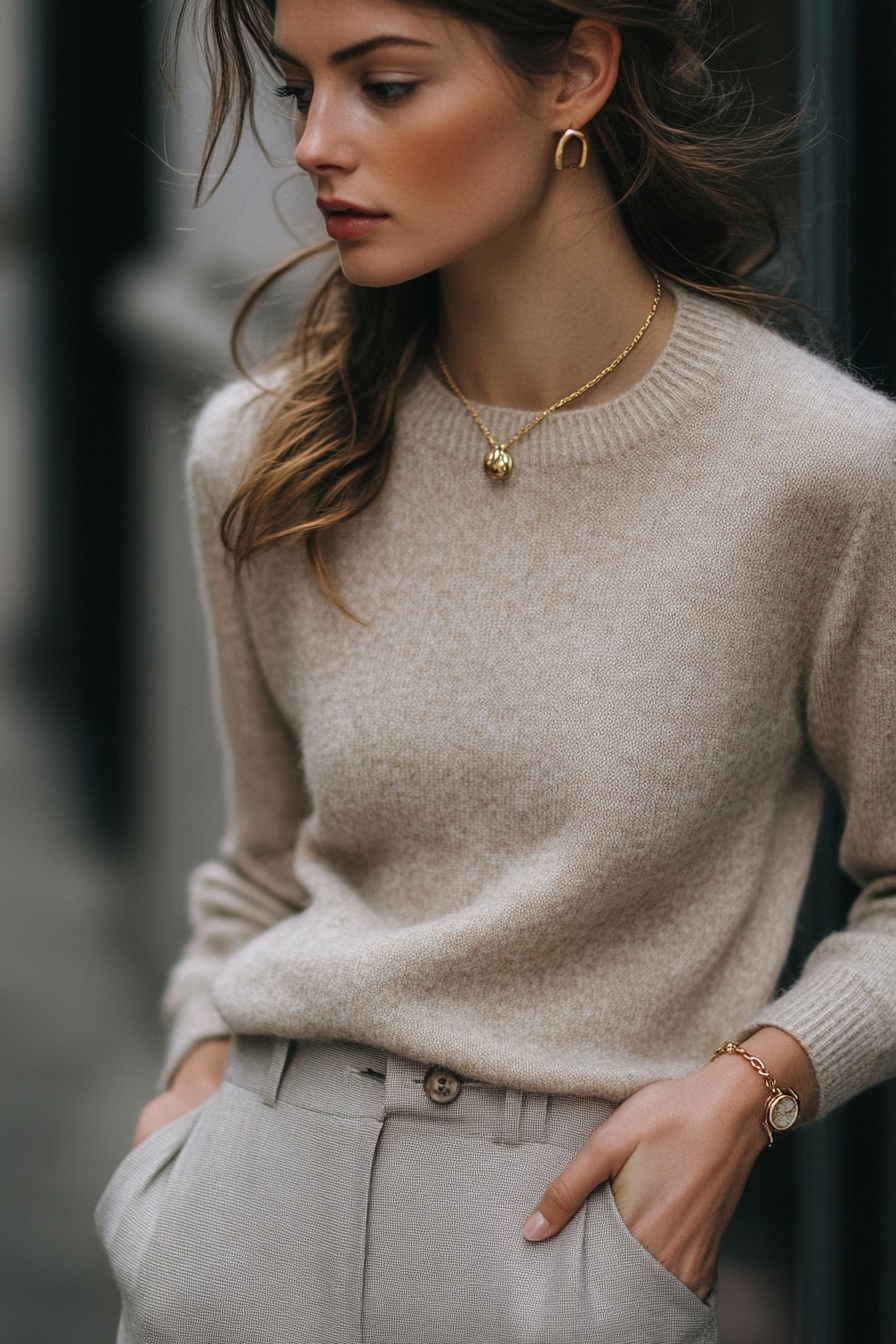 Classic women's style. Soft cashmere sweater with sleek tailored trouser and delicate gold necklace.