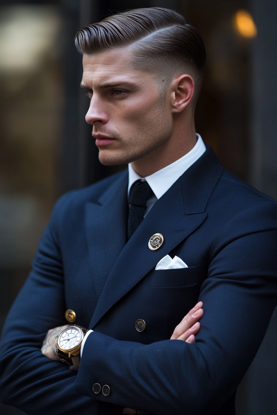 Men's classic style. Navy blue suit with contemporary pocket watch and precise skin fade haircut.