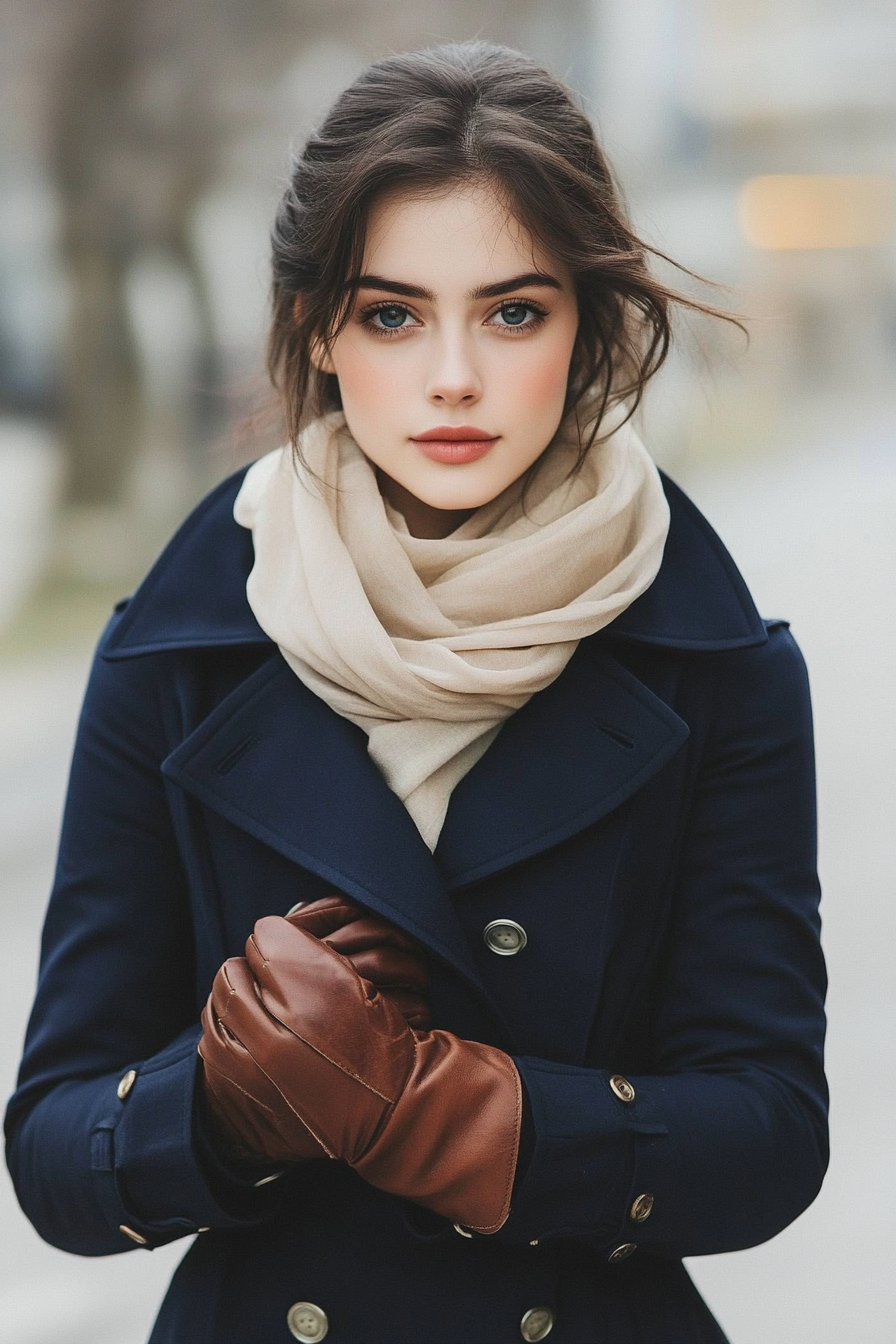 Classic women's style. Navy trench coat with champagne silk scarf and leather gloves.