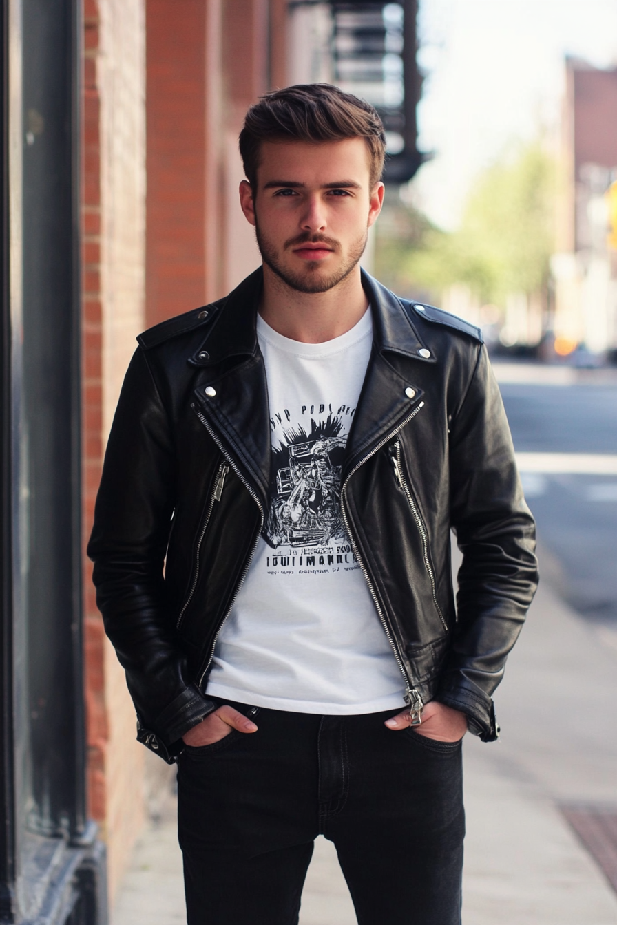 Edgy men's style. Black leather jacket with white graphic tee.