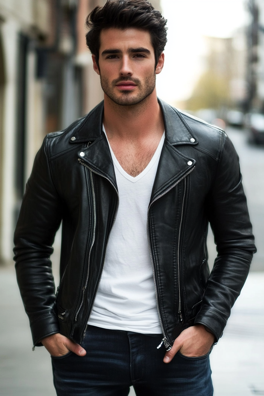 Men's edgy style. Black leather jacket paired with white v-neck.